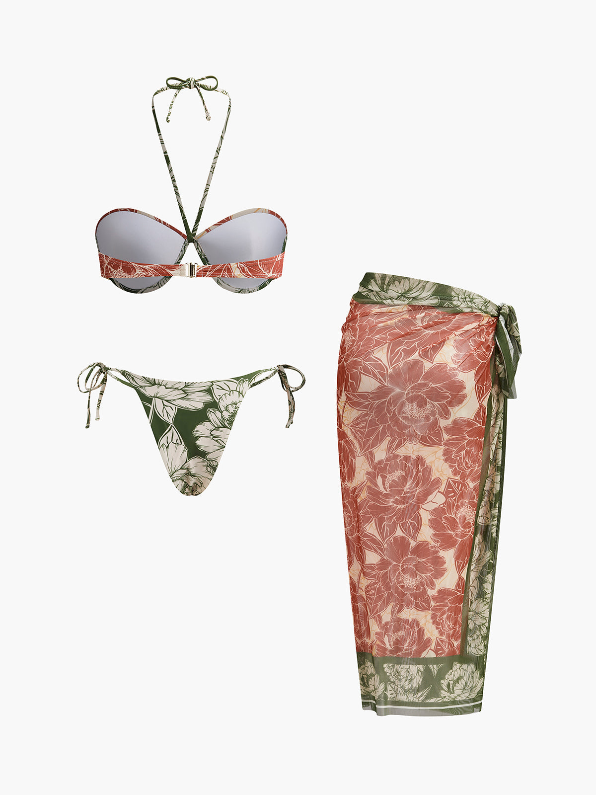 Floral Bikini Set With Tie Side Skirt and Matching Cover-Up