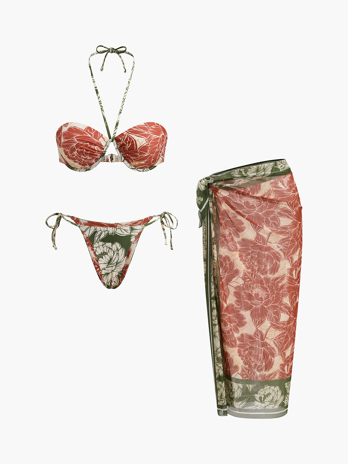 Floral Bikini Set With Tie Side Skirt and Matching Cover-Up