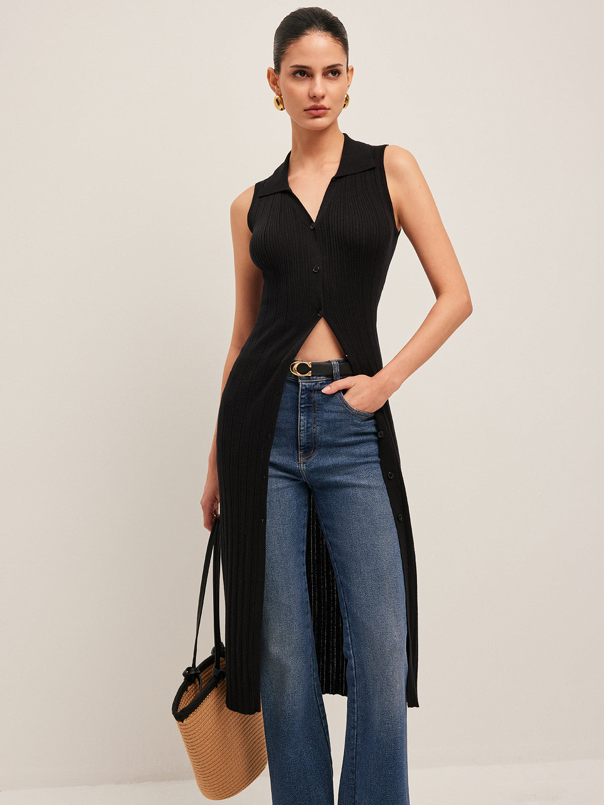 Ribbed Button-Up Knit Dress with Belt Detail