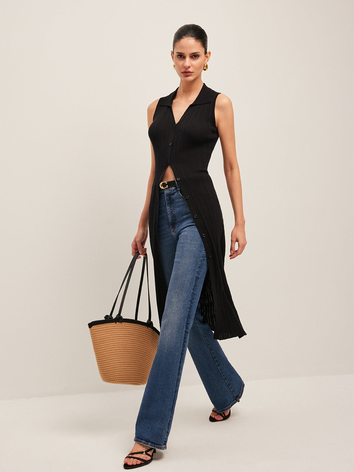 Ribbed Button-Up Knit Dress with Belt Detail