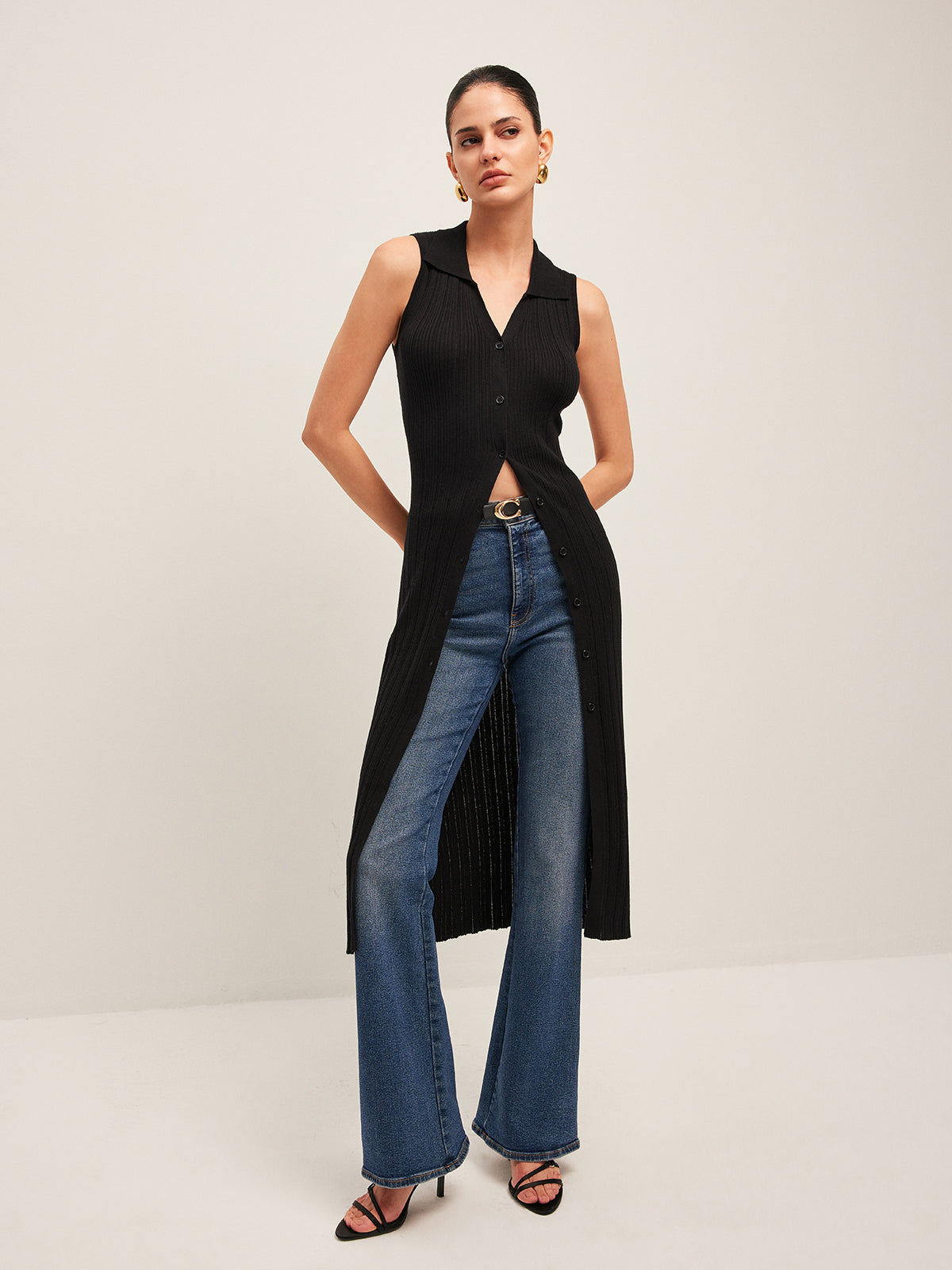 Ribbed Button-Up Knit Dress with Belt Detail
