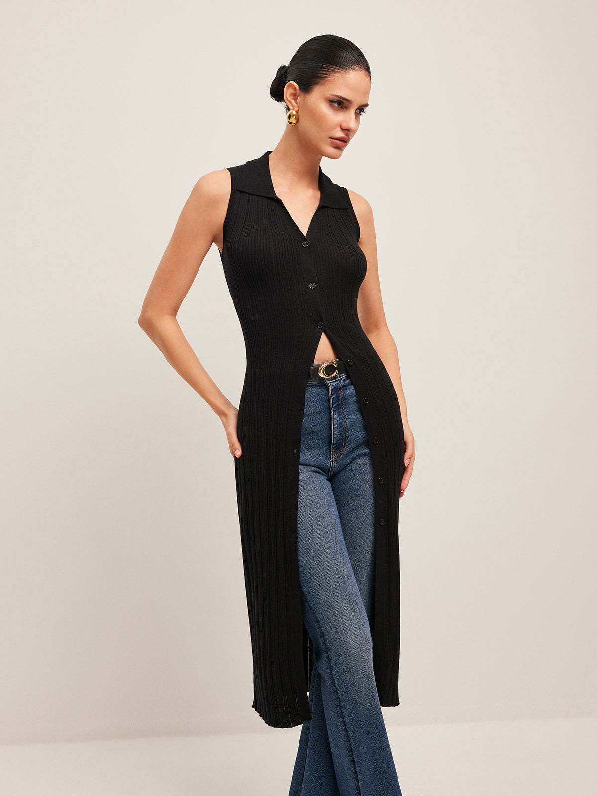 Ribbed Button-Up Knit Dress with Belt Detail