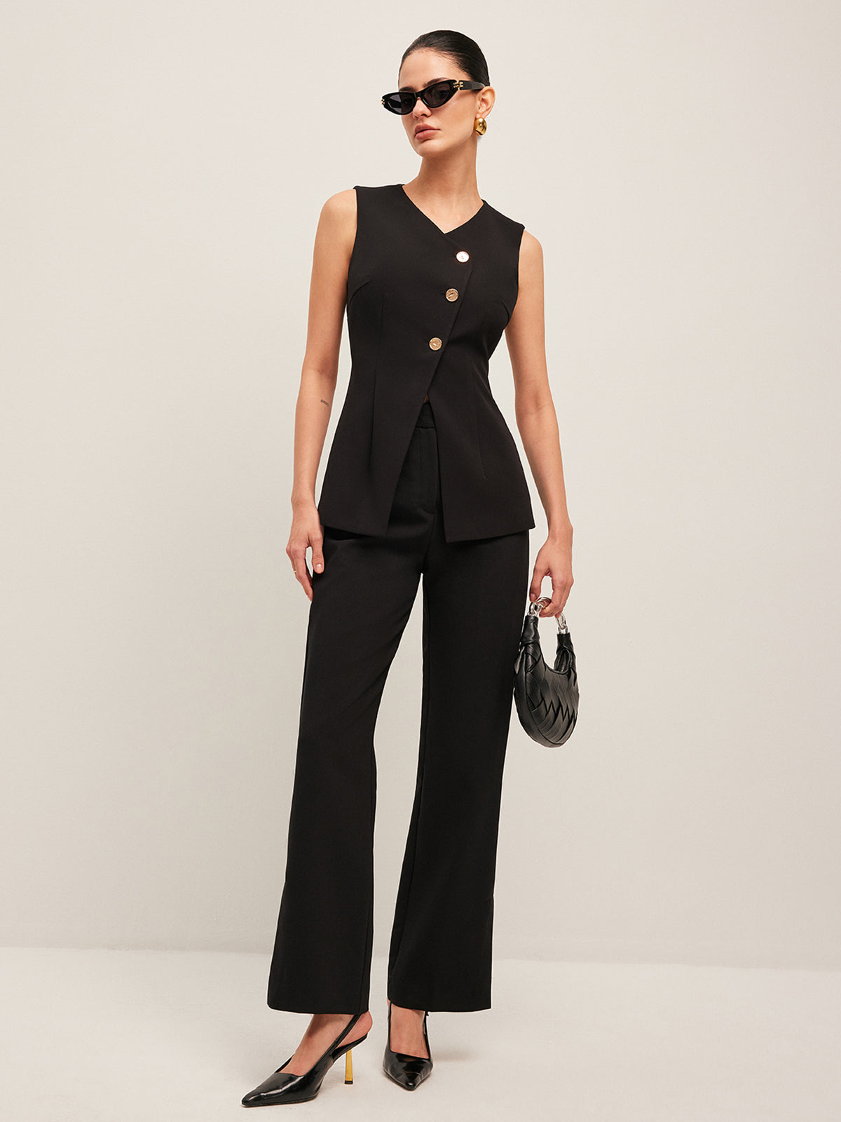 V-Neck Button Detail Vest Sleeveless Casual Top