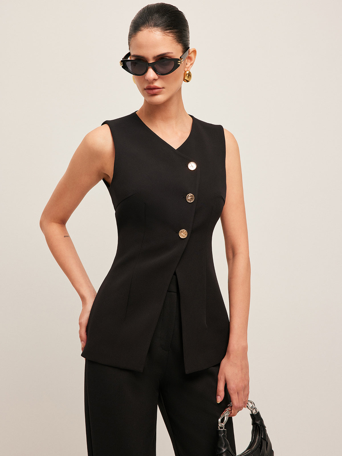 V-Neck Button Detail Vest Sleeveless Casual Top