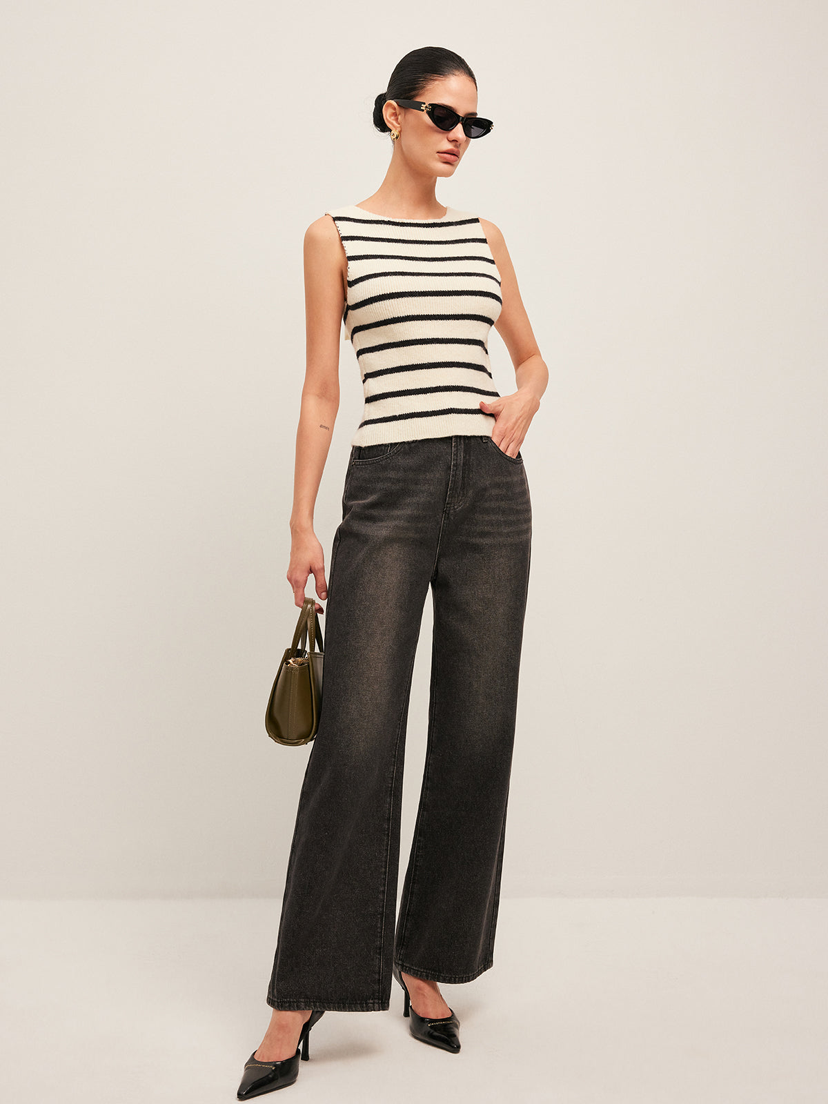 Bow Back Detail Striped Sweater Vest for Women Casual Layering