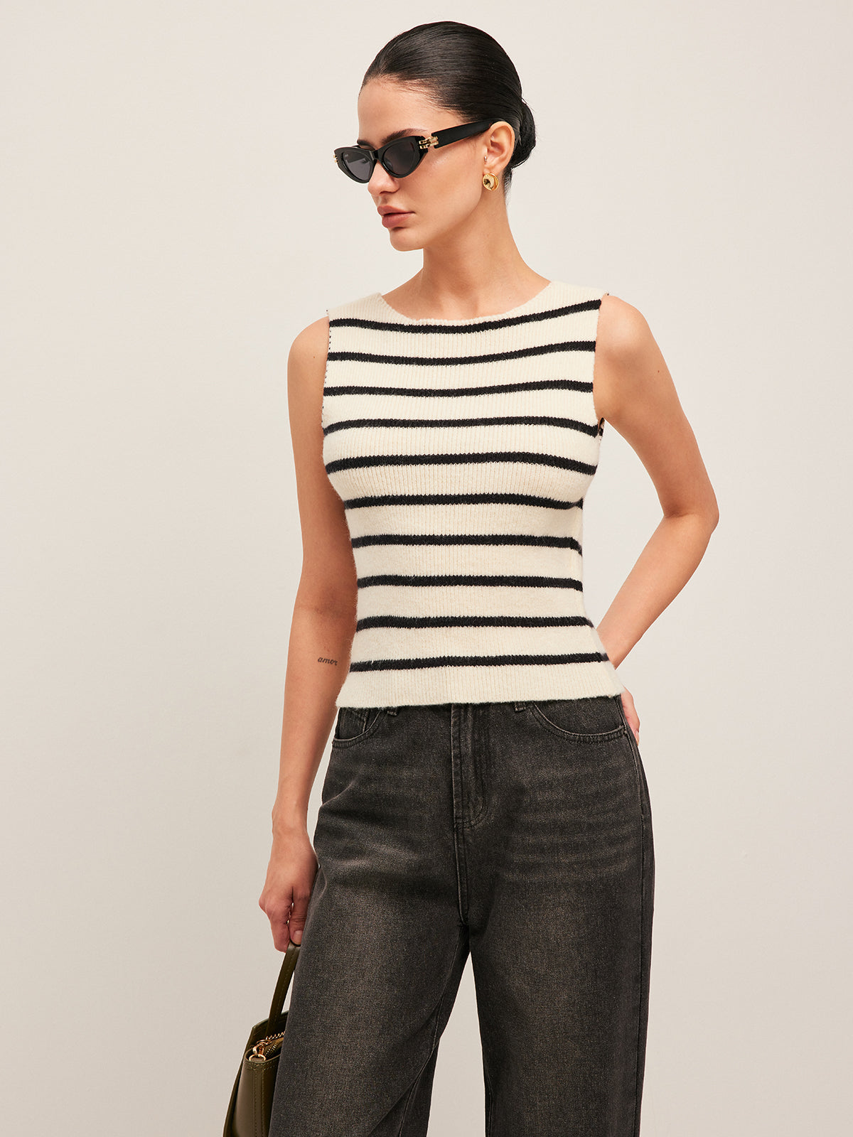 Bow Back Detail Striped Sweater Vest for Women Casual Layering