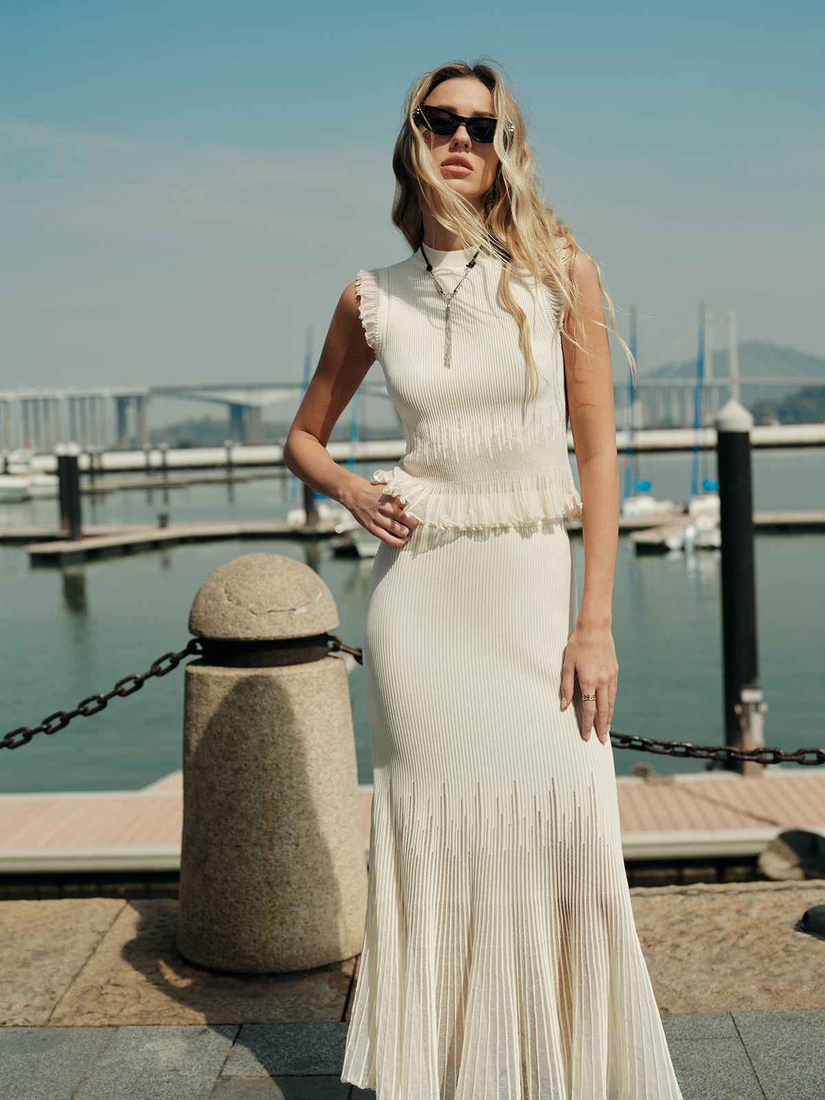 Mesh Panel Pleated Skirt with Elastic Waistband for Women