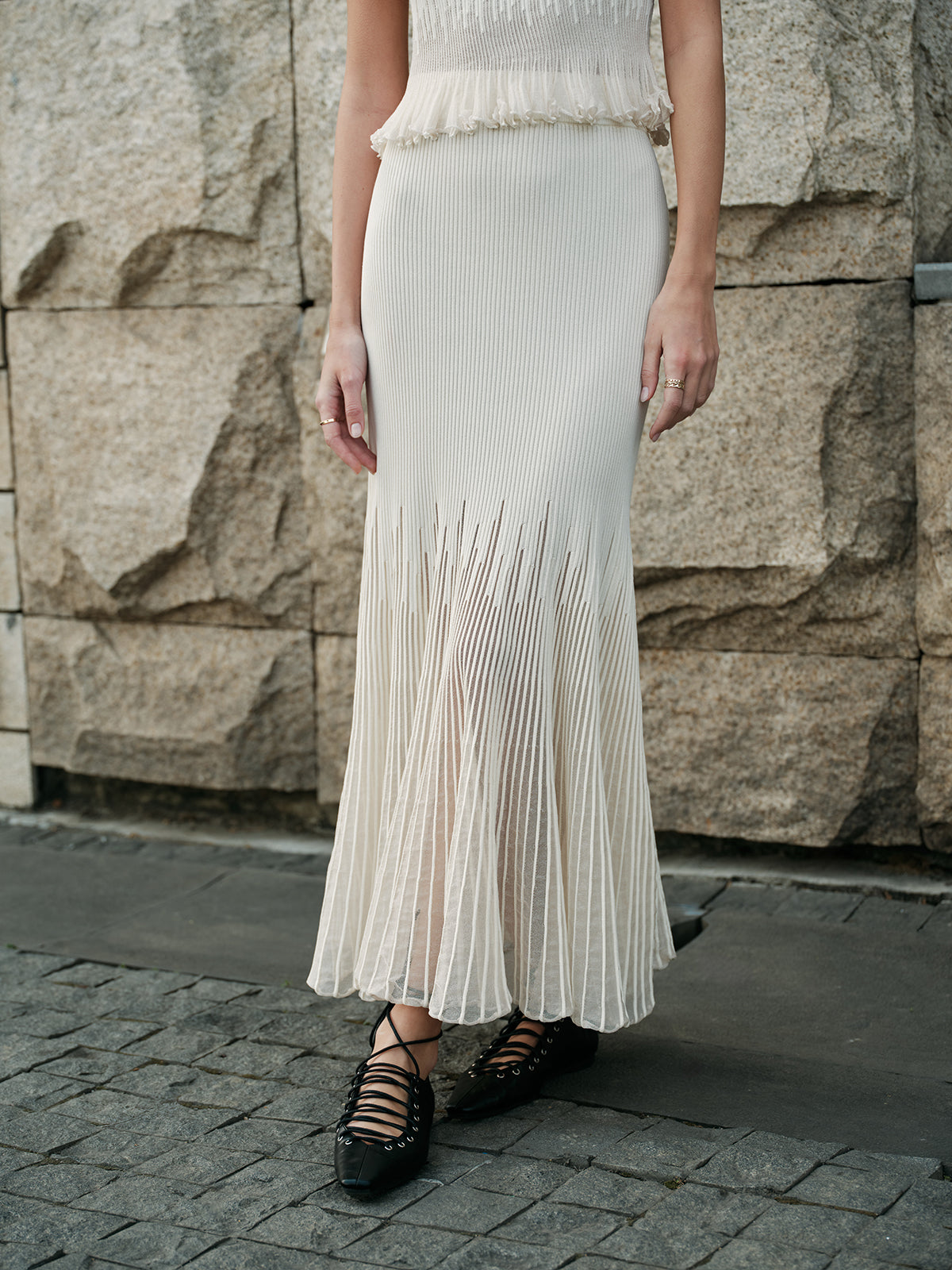 Mesh Panel Pleated Skirt with Elastic Waistband for Women