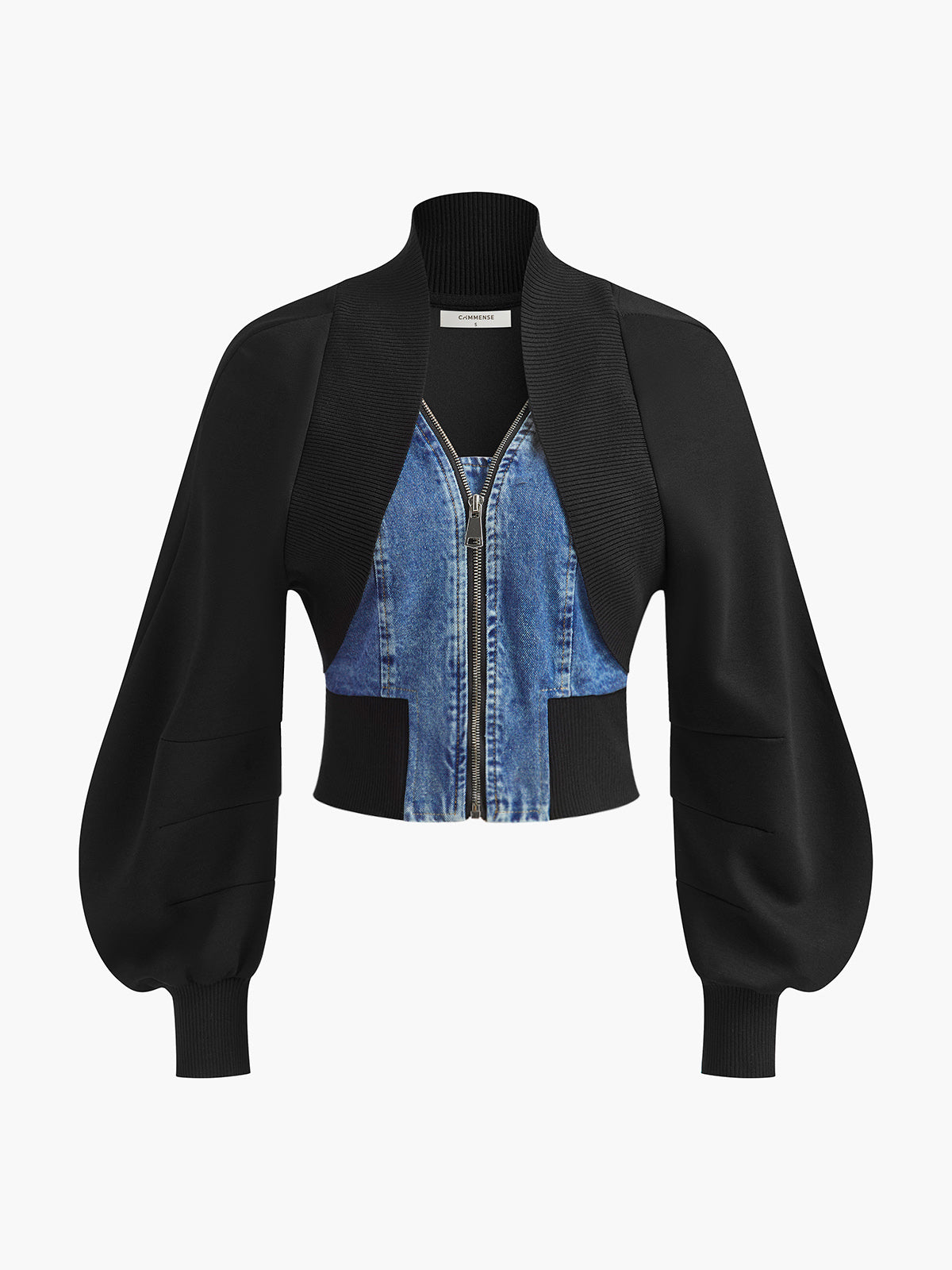 Puff-Sleeve Denim Panel Slim Jacket for Women Casual Wear