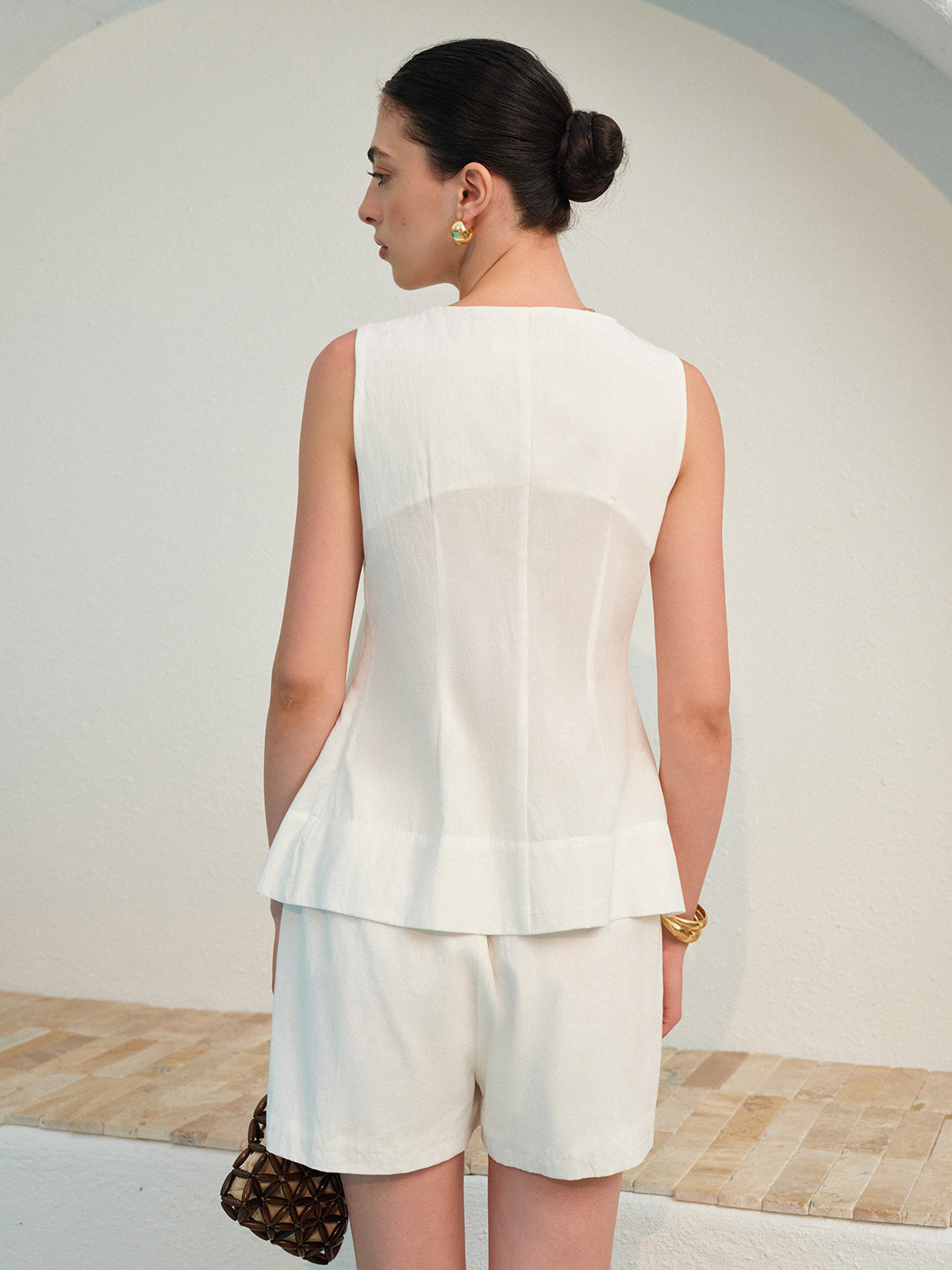 Square Neck Pleated Shorts Set with Belt for Women