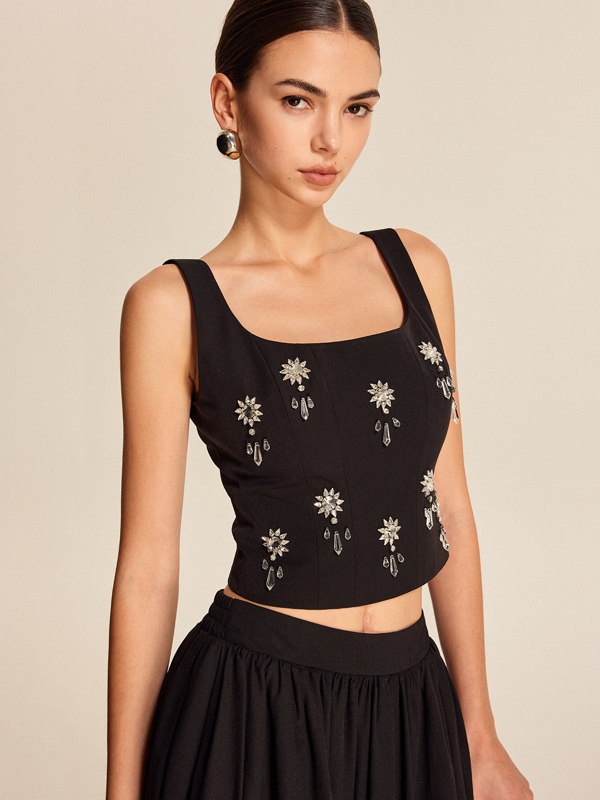 Floral Crystal Back Zipper Top with Elegant Embellishments for Women