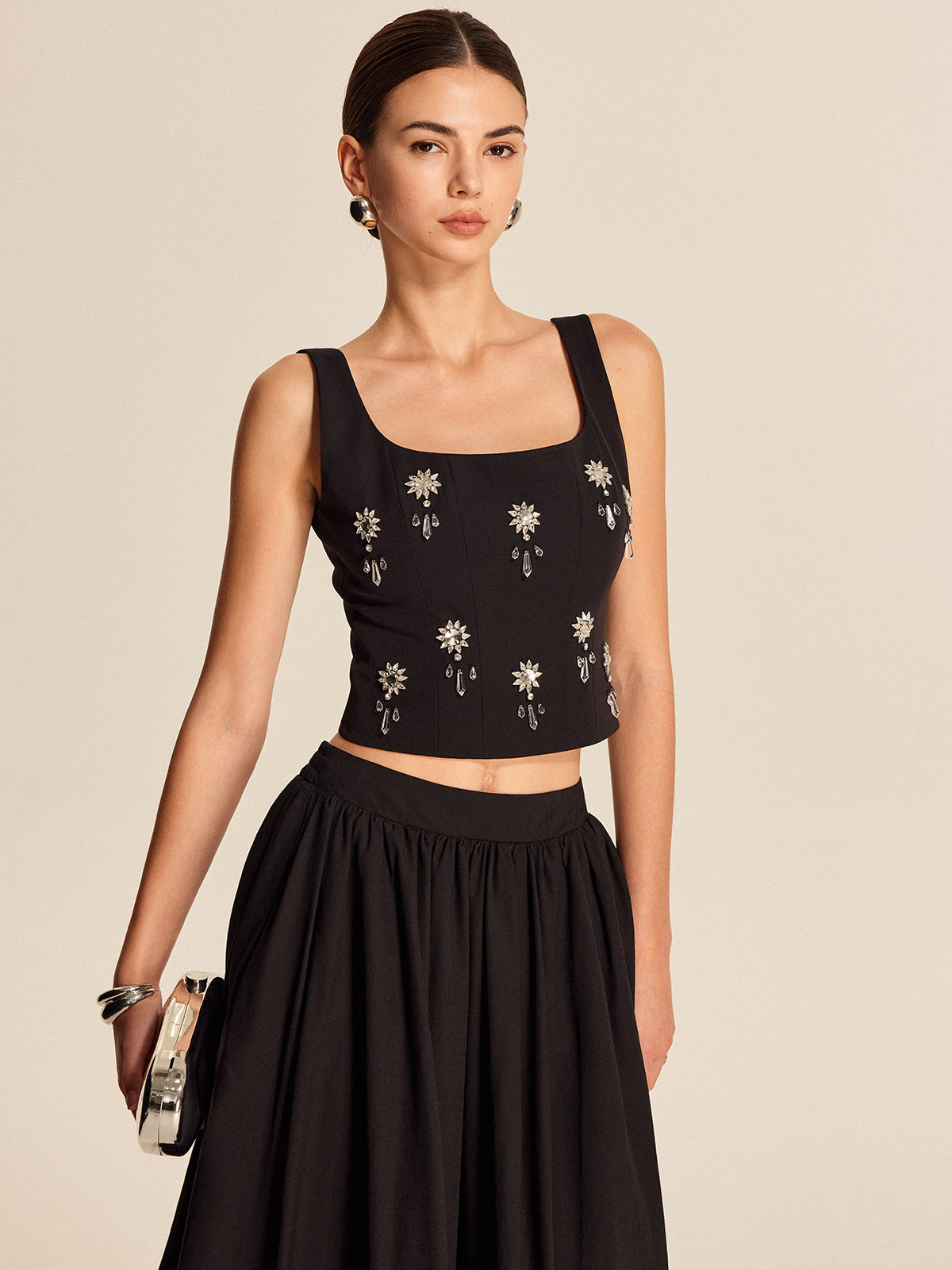 Floral Crystal Back Zipper Top with Elegant Embellishments for Women