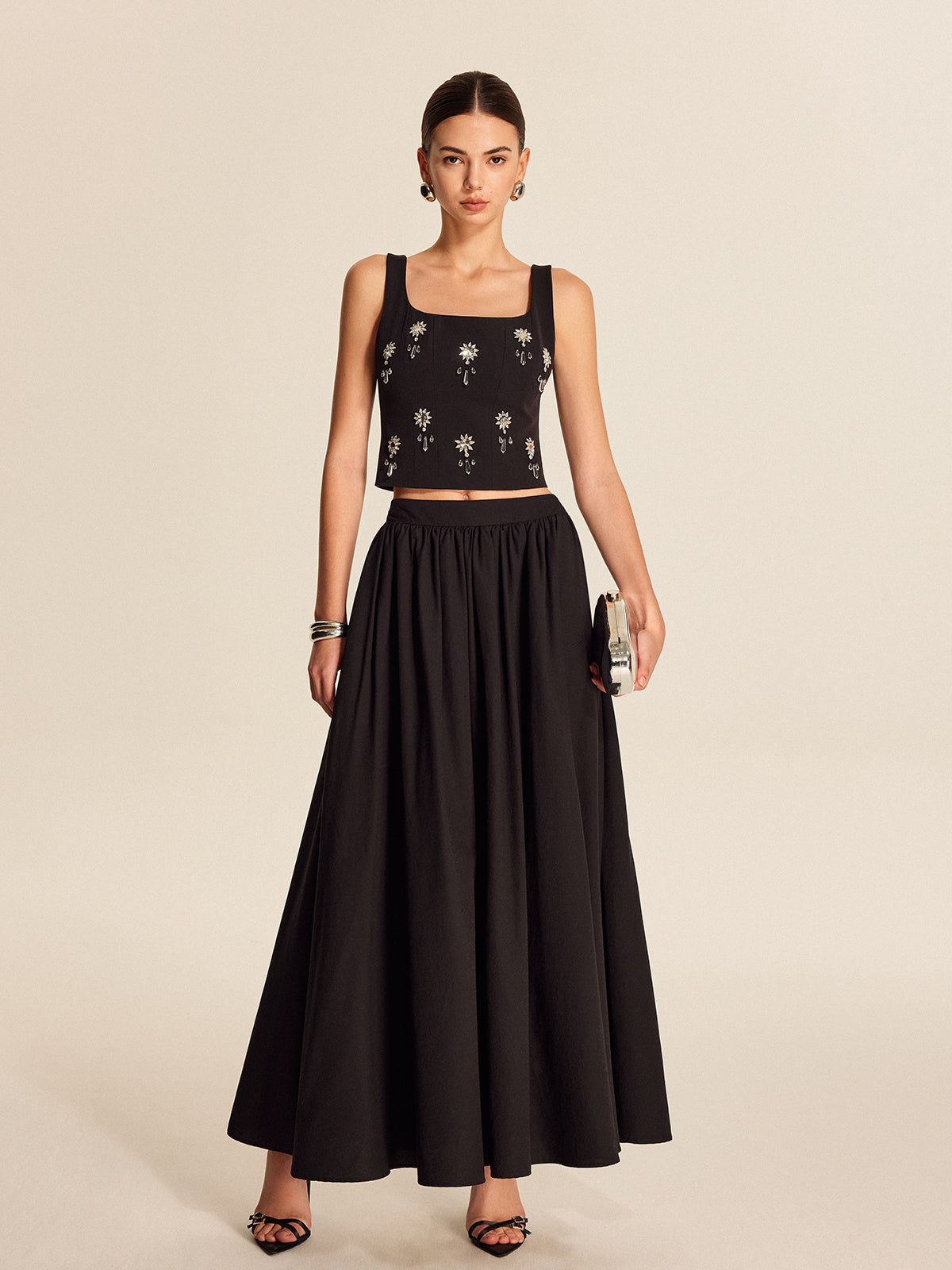 Floral Crystal Back Zipper Top with Elegant Embellishments for Women