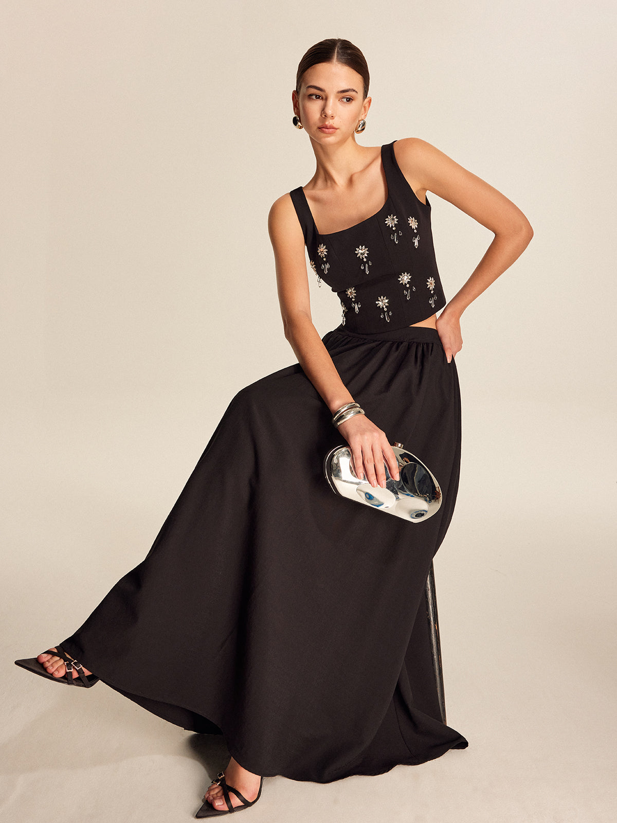 Floral Crystal Back Zipper Top with Elegant Embellishments for Women