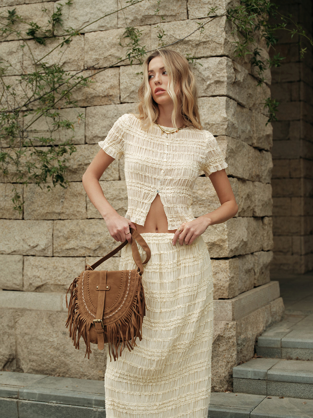 Semi-Sheer Ruffled Crop Top Skirt Set for Women, Summer Fashion Outfit