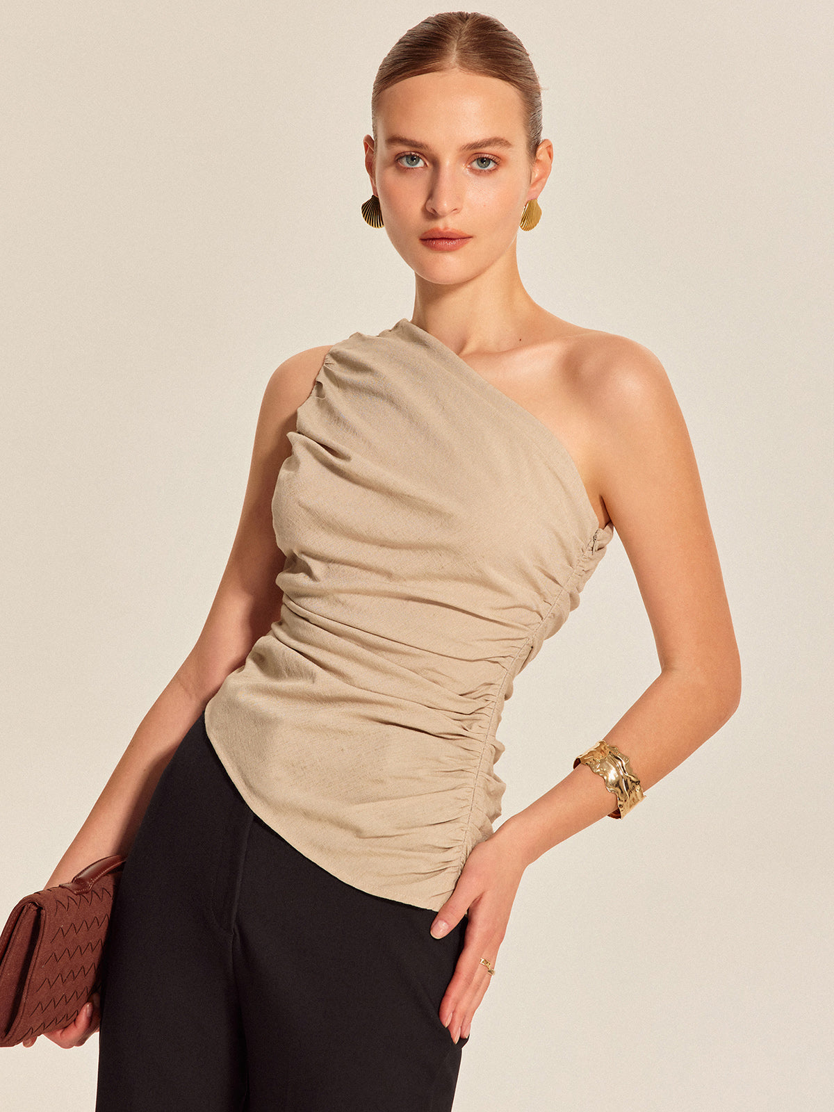 Ruched Side One-Shoulder Top Elegant Women's Fashion Blouse