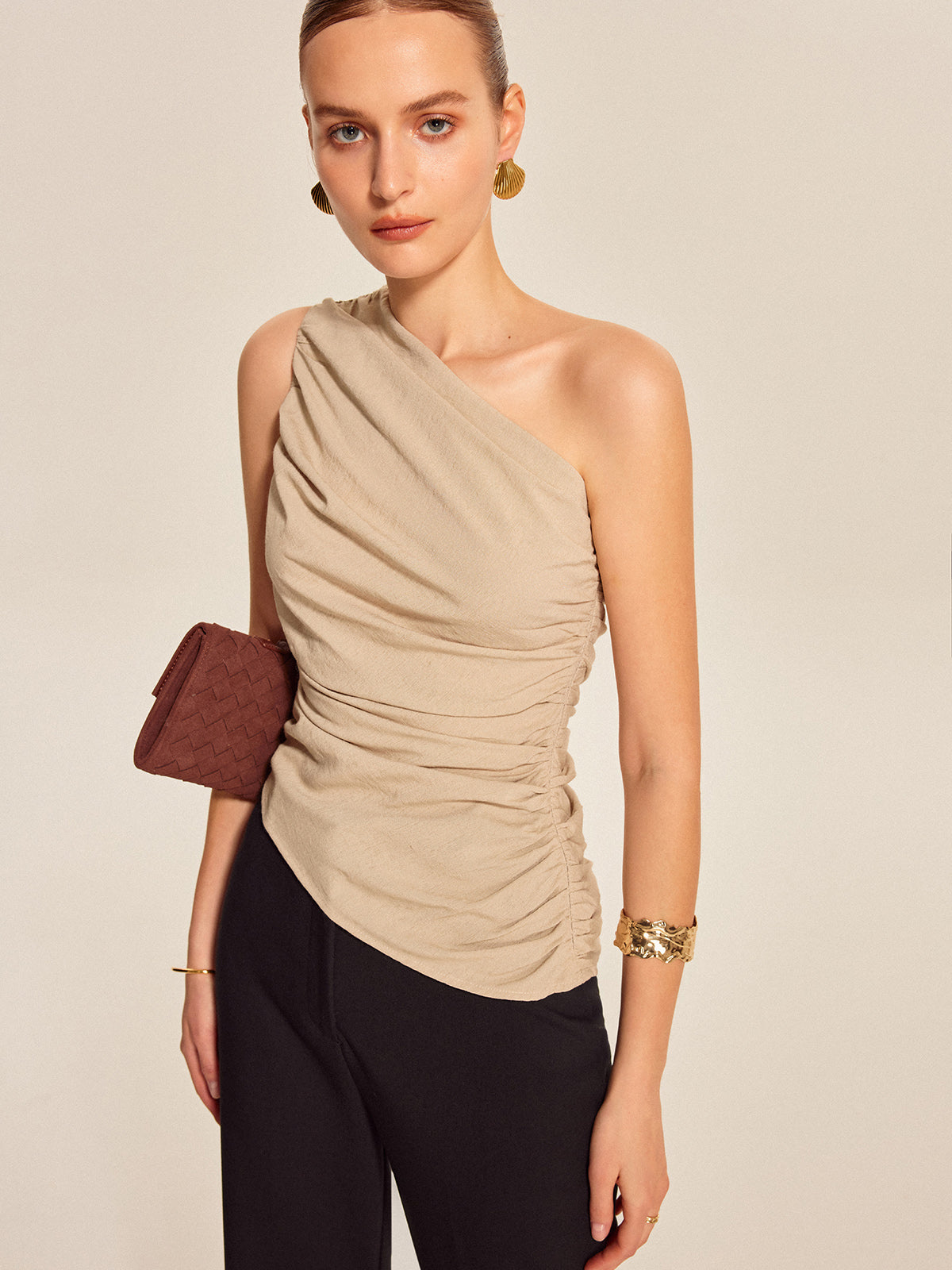 Ruched Side One-Shoulder Top Elegant Women's Fashion Blouse