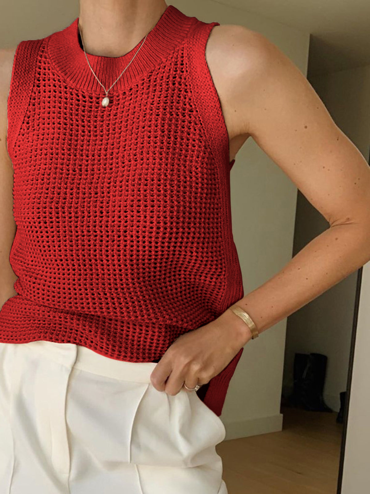 Knit Hollow Solid Sleeveless Tank Top for Women