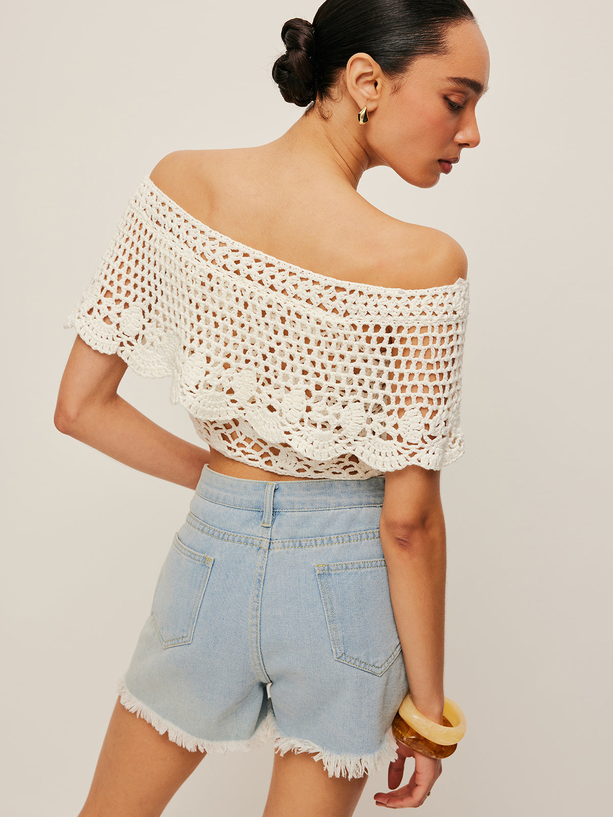 Off-Shoulder Hollow Knit Top Lightweight Summer Style