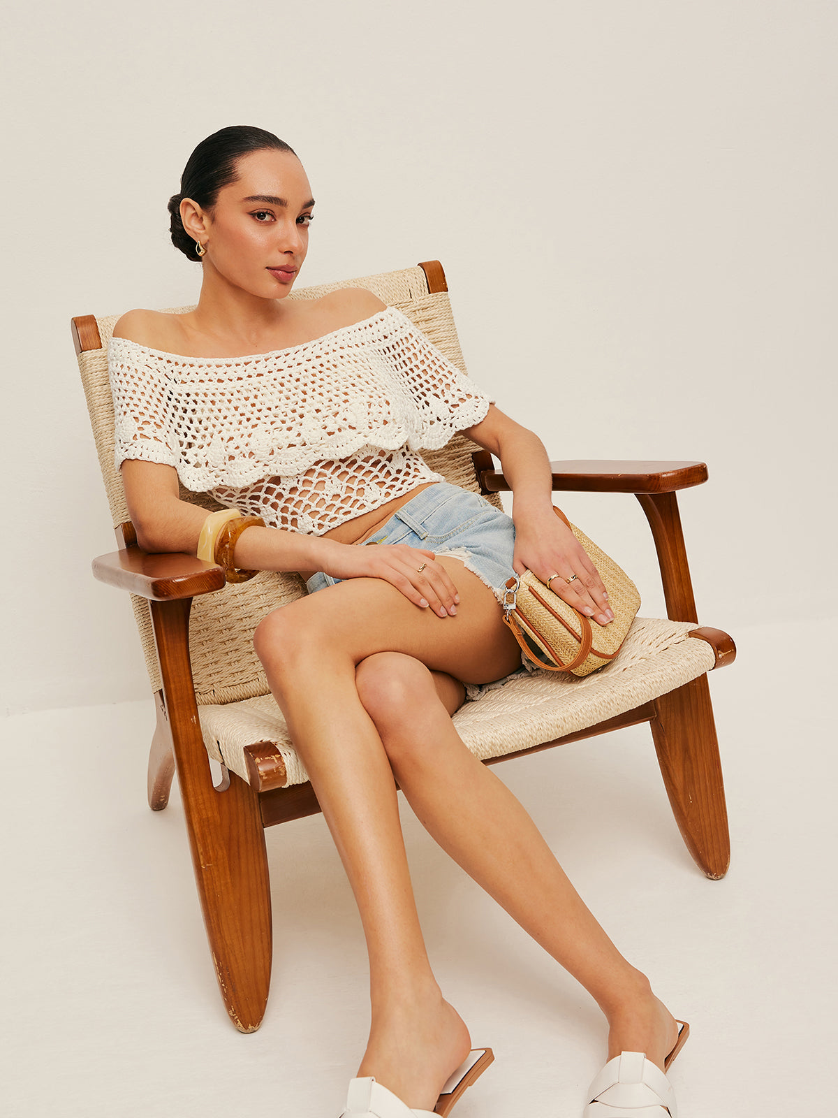 Off-Shoulder Hollow Knit Top Lightweight Summer Style