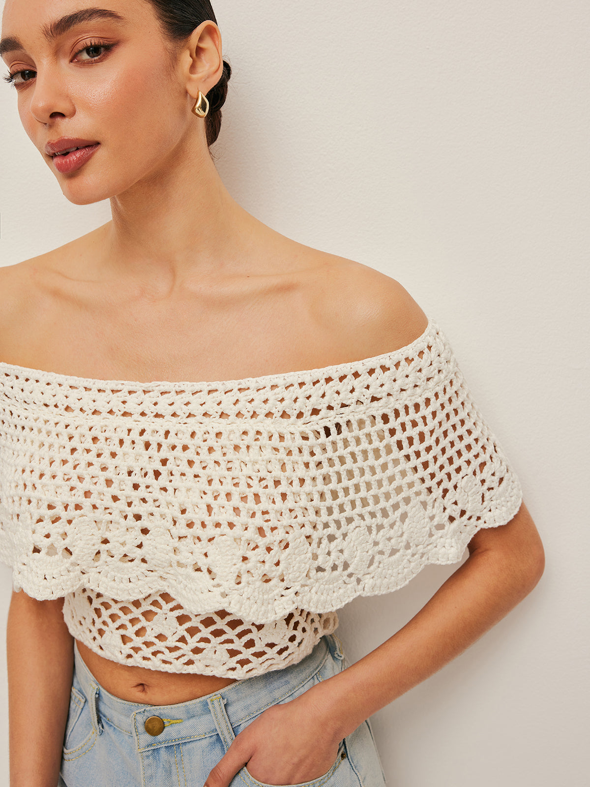 Off-Shoulder Hollow Knit Top Lightweight Summer Style