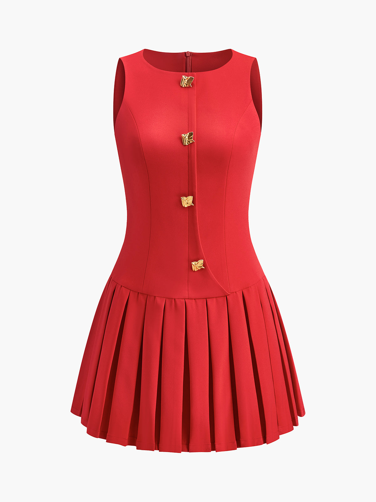 Metal-Button Pleated Tank Dress for Women, Elegant Summer Fashion