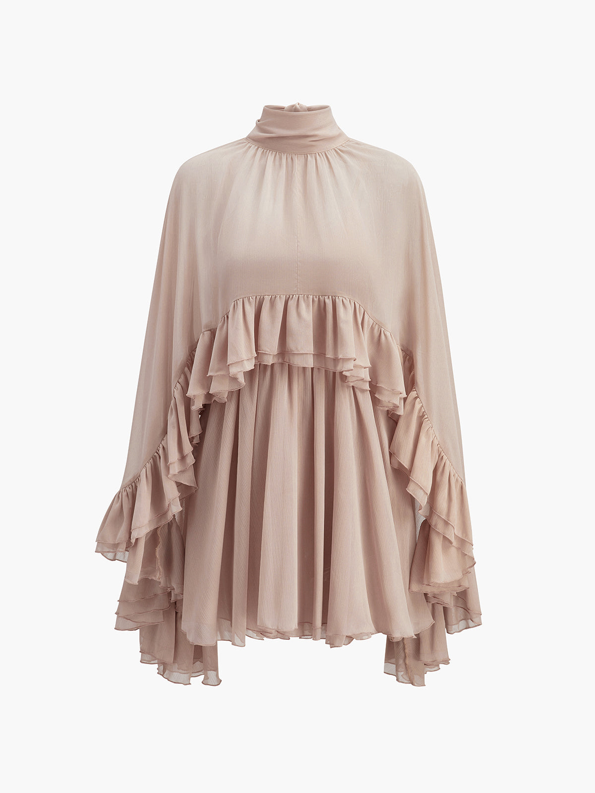 Semi-Sheer Chiffon Ruffle Dress With Flowing Outer Cape Elegant Layers