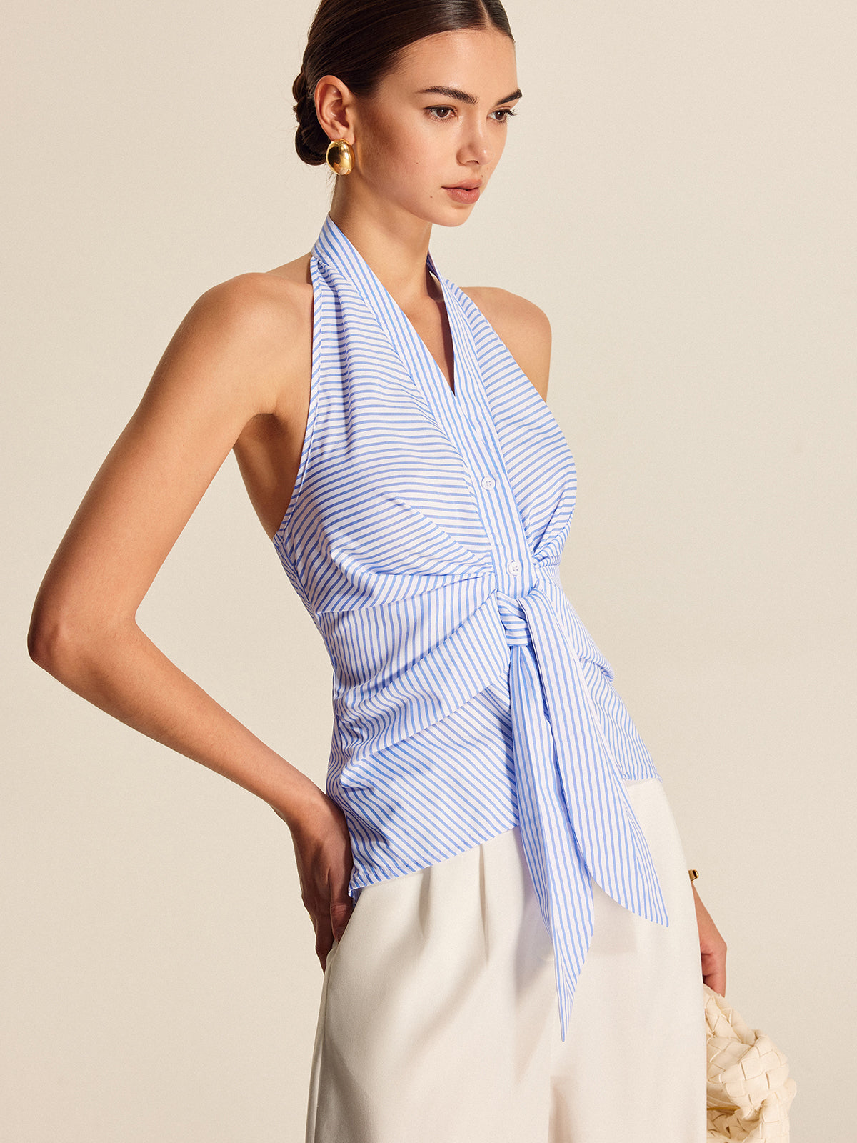 Striped Halter Tie Top with Adjustable Neckline for Women