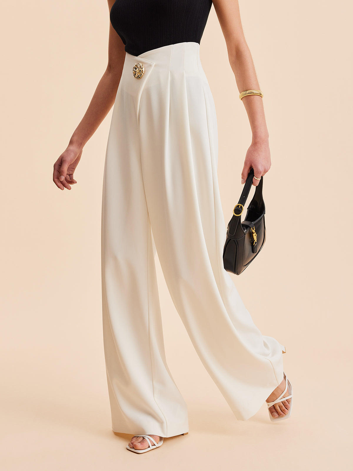 Embellished High-Waist Wide-Leg Pants with Improved Comfort and Elastic Band