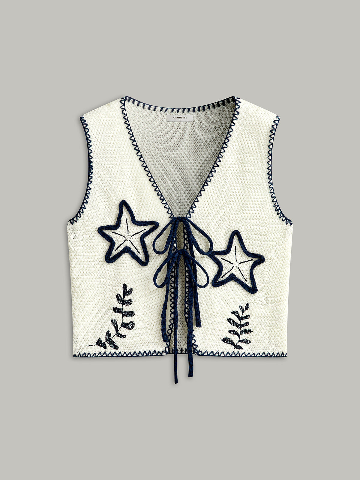 Embroidered Knit Tie-Front Vest with Floral Detail