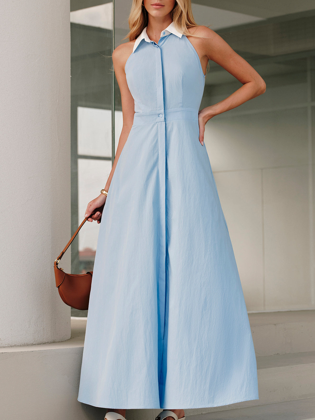 Button Sleeveless Collar Dress for Summer Casual Wear