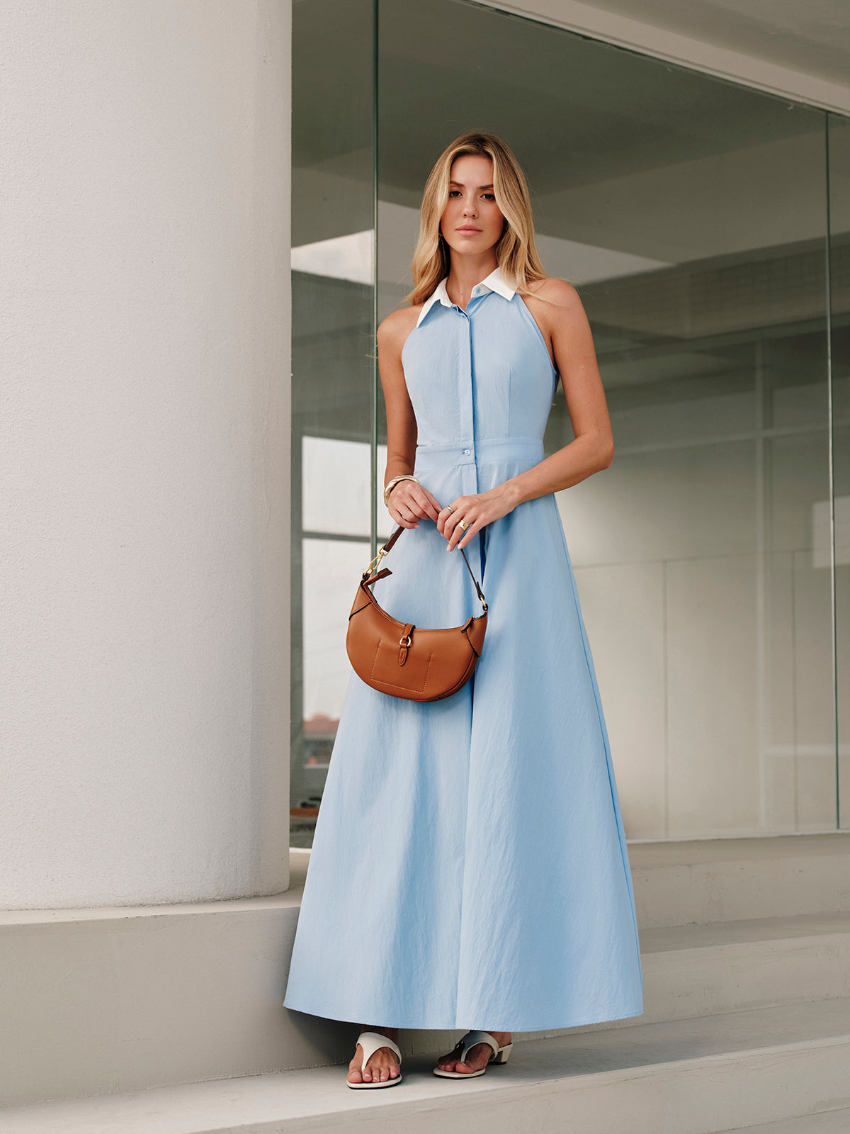 Button Sleeveless Collar Dress for Summer Casual Wear
