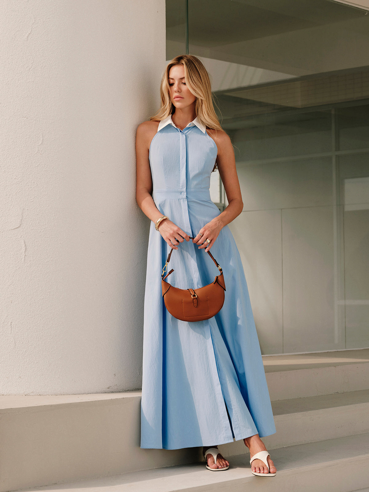 Button Sleeveless Collar Dress for Summer Casual Wear