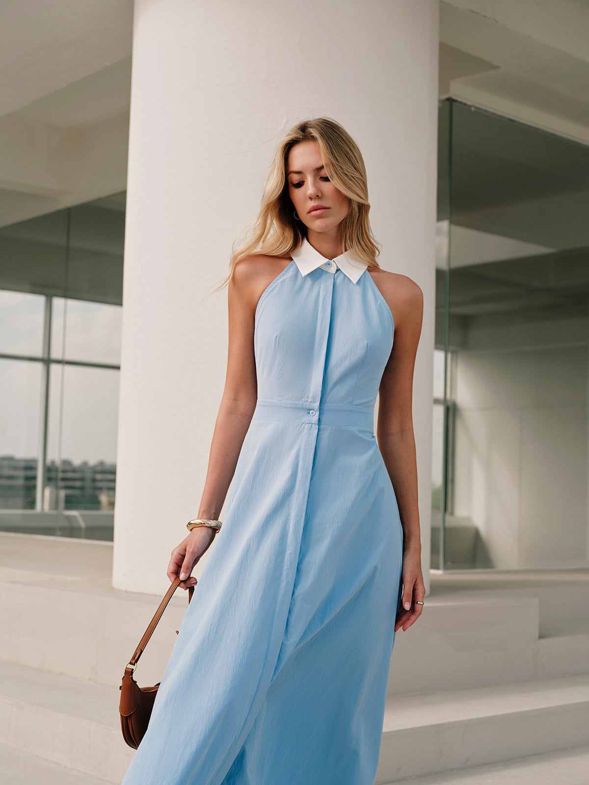 Button Sleeveless Collar Dress for Summer Casual Wear