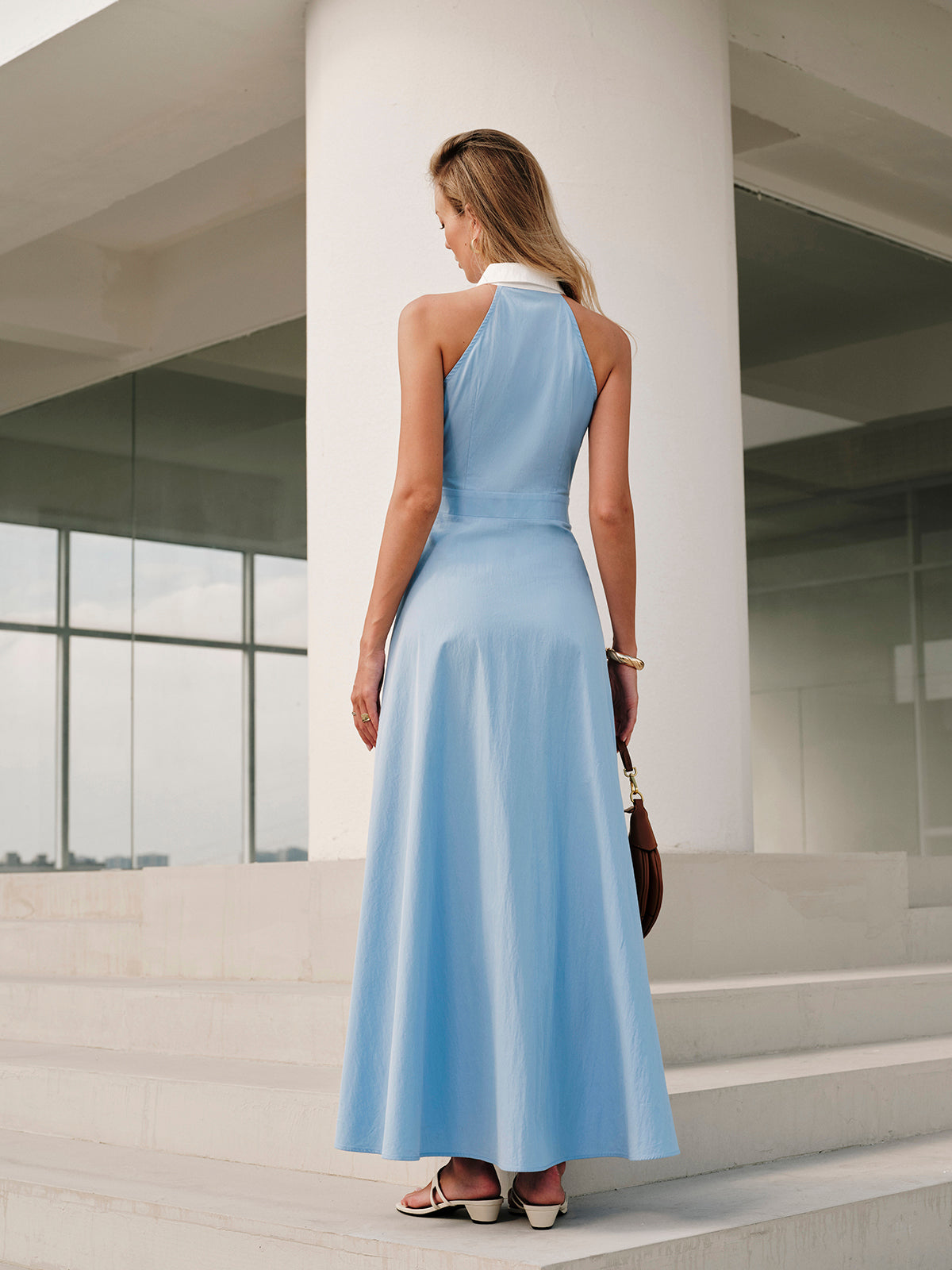 Button Sleeveless Collar Dress for Summer Casual Wear