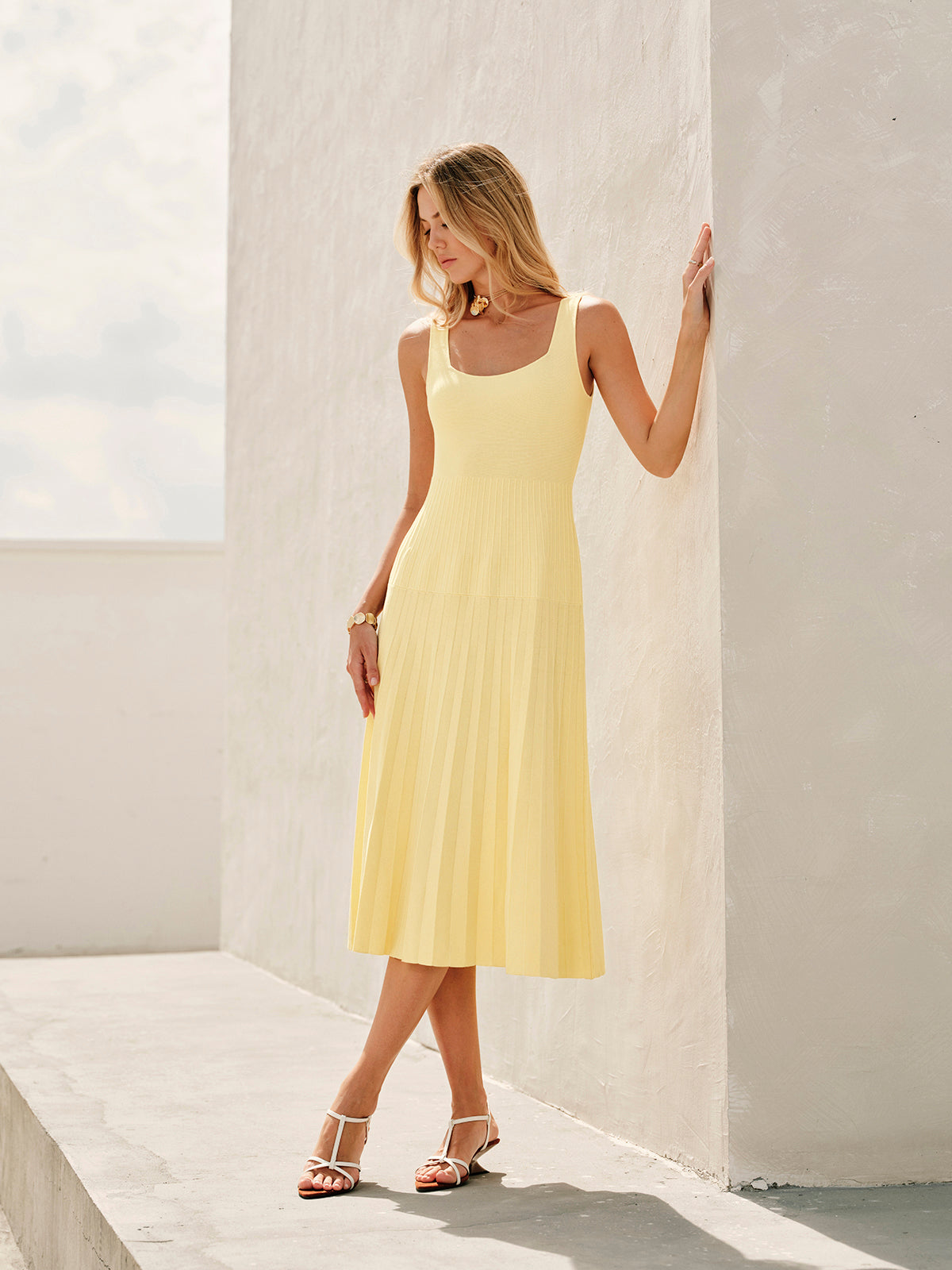Square-Neck Ribbed Knit Dress for Women, Casual Stretch Fit