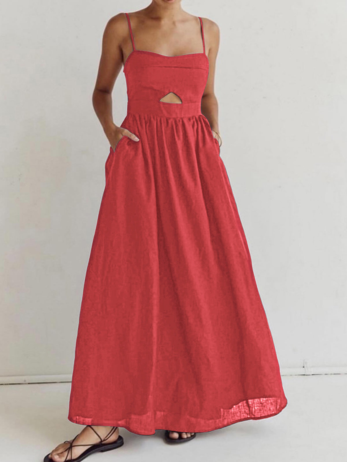 Cotton Sleeveless Pockets Cutout Long Dress for Women Summer Casual