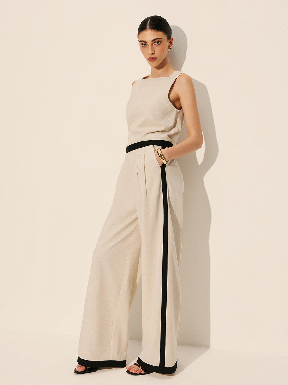 Linen & Cotton Zipper Contrast Binding Pants Set - Women's Casual Fashion Outfit