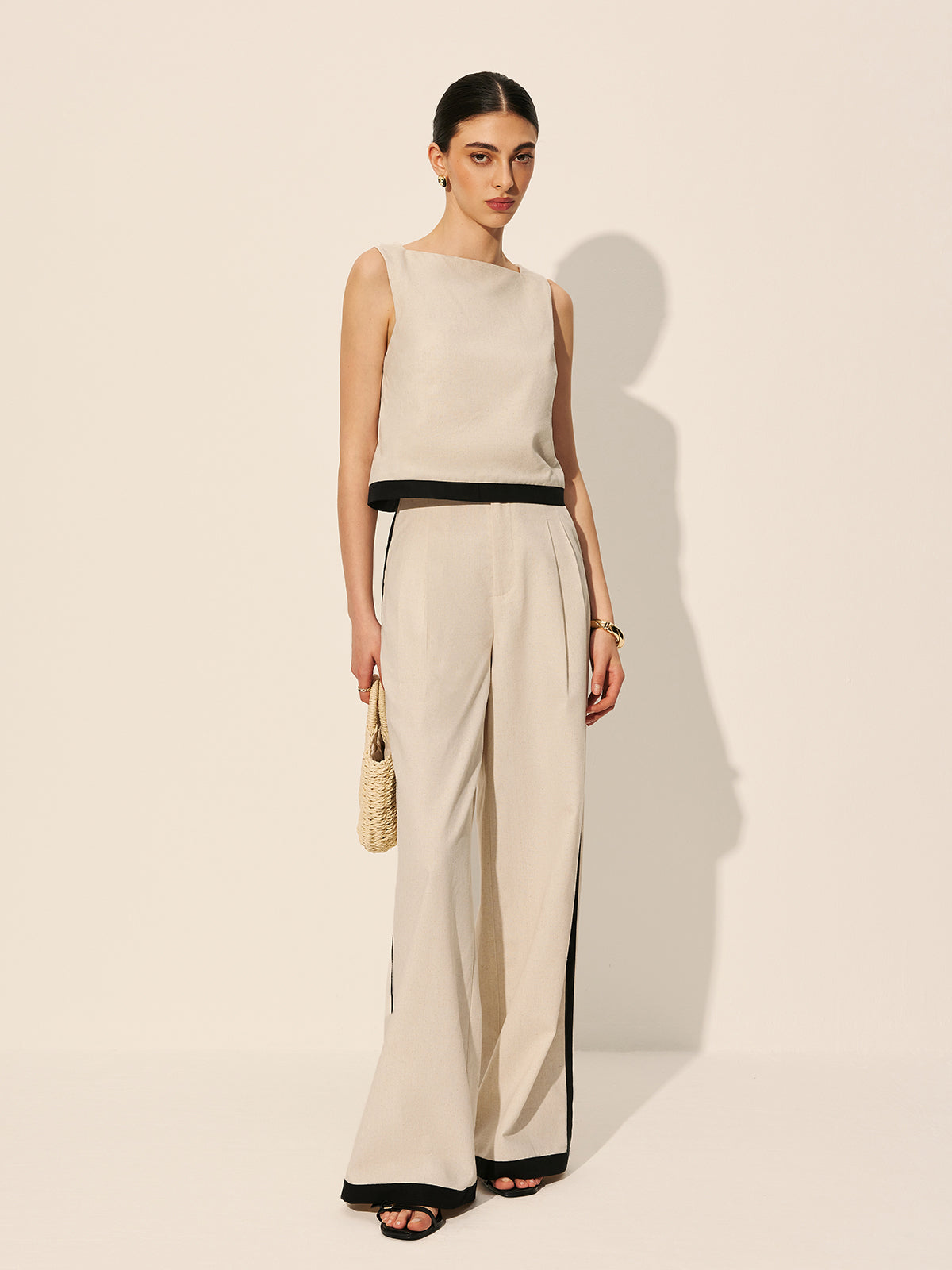 Linen & Cotton Zipper Contrast Binding Pants Set - Women's Casual Fashion Outfit