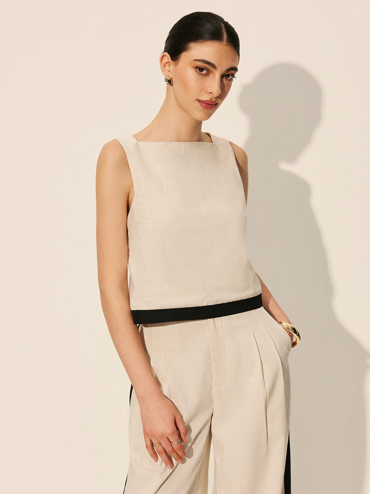 Linen & Cotton Zipper Contrast Binding Pants Set - Women's Casual Fashion Outfit