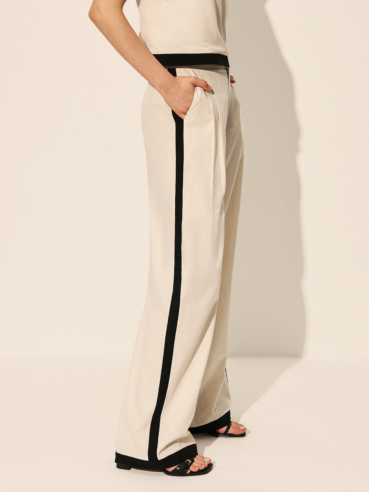Linen & Cotton Zipper Contrast Binding Pants Set - Women's Casual Fashion Outfit