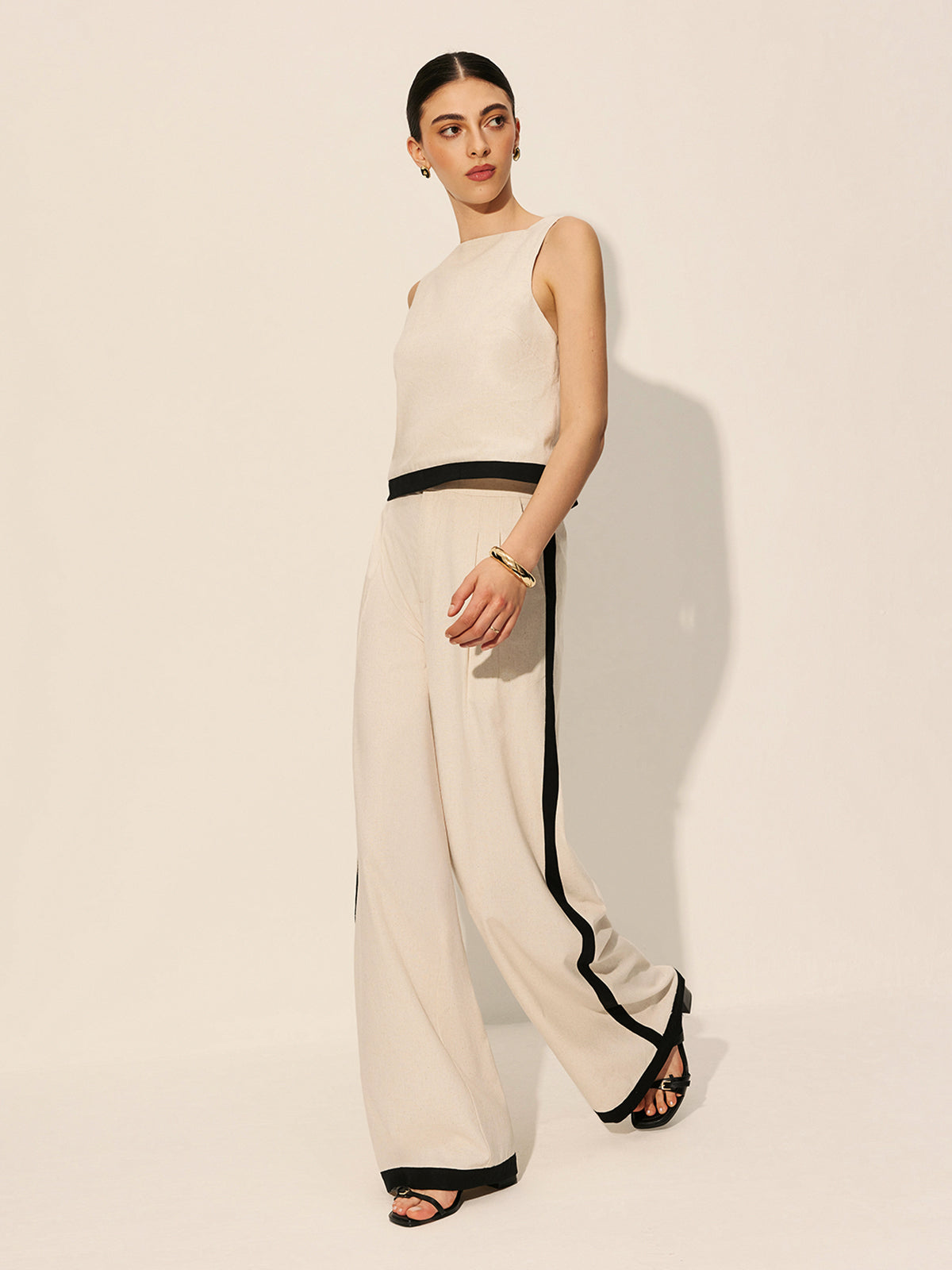 Linen & Cotton Zipper Contrast Binding Pants Set - Women's Casual Fashion Outfit