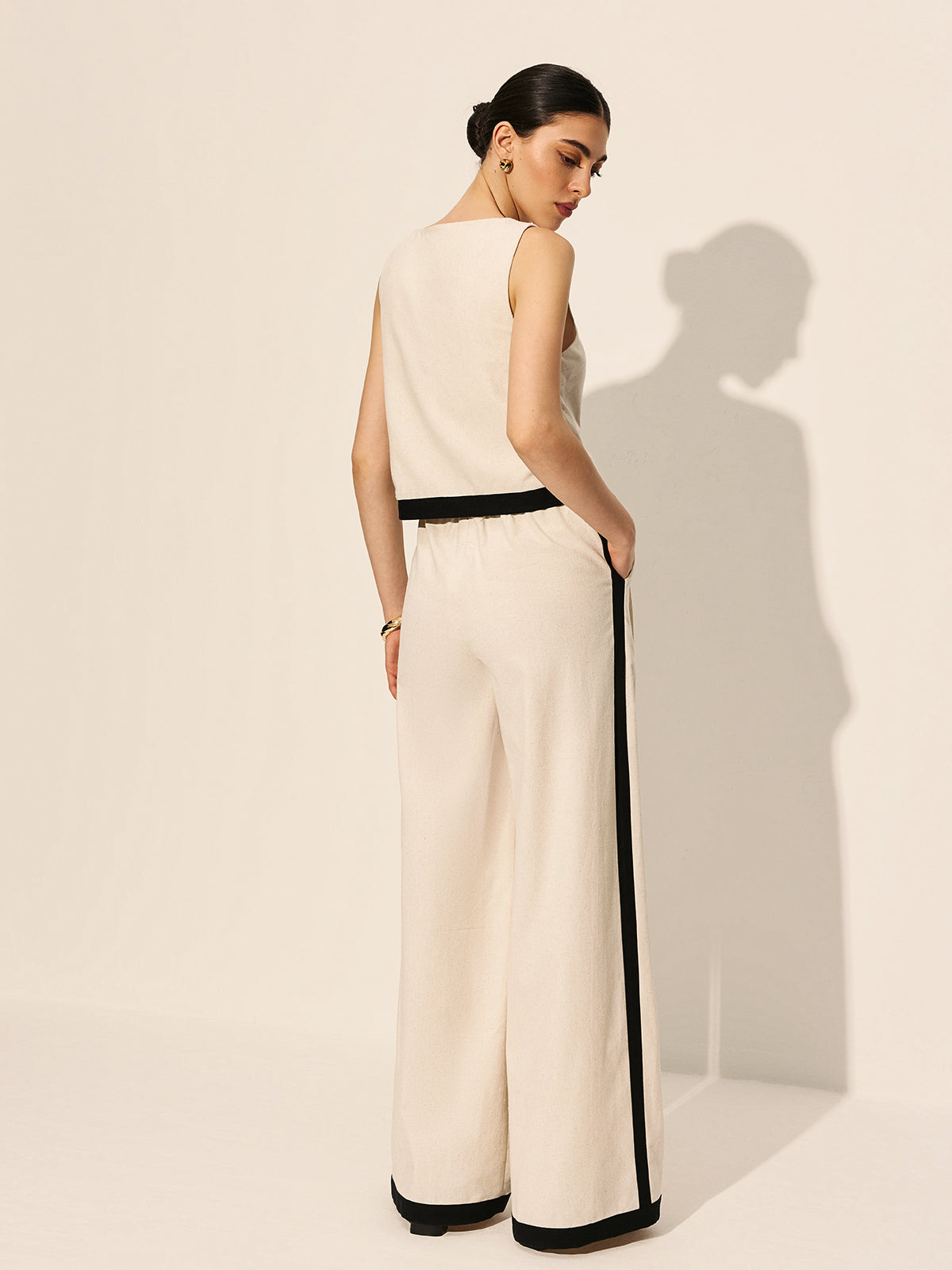 Linen & Cotton Zipper Contrast Binding Pants Set - Women's Casual Fashion Outfit