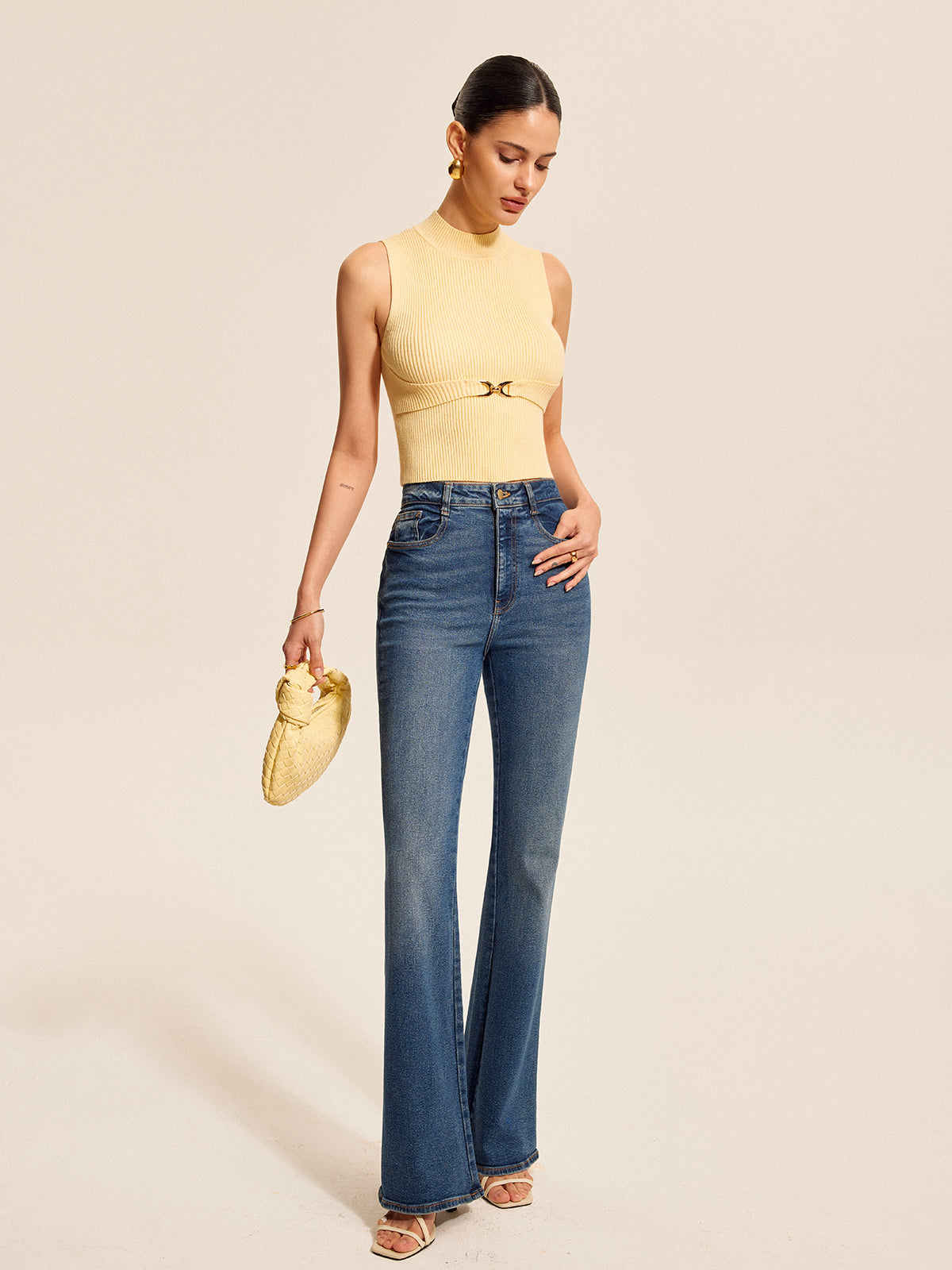 Ribbed Mock-Neck Top with Waist Chain Detail, Trendy Women's Fashion Essentials