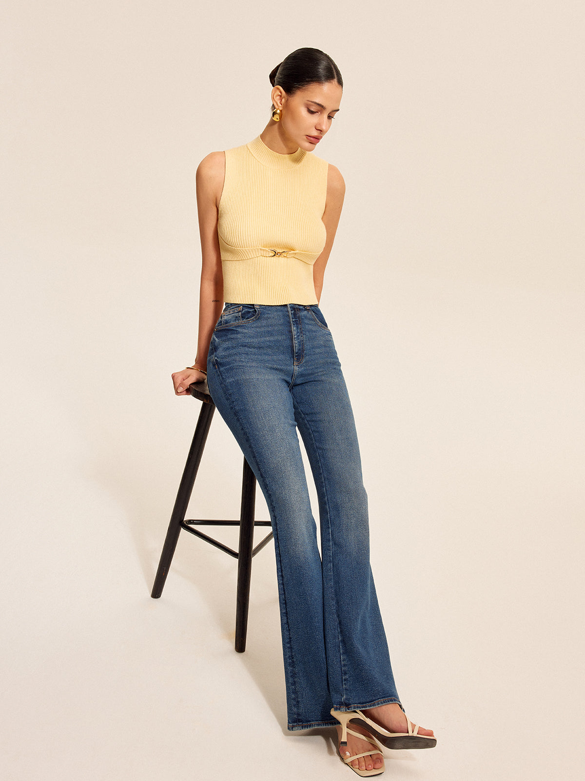 Ribbed Mock-Neck Top with Waist Chain Detail, Trendy Women's Fashion Essentials