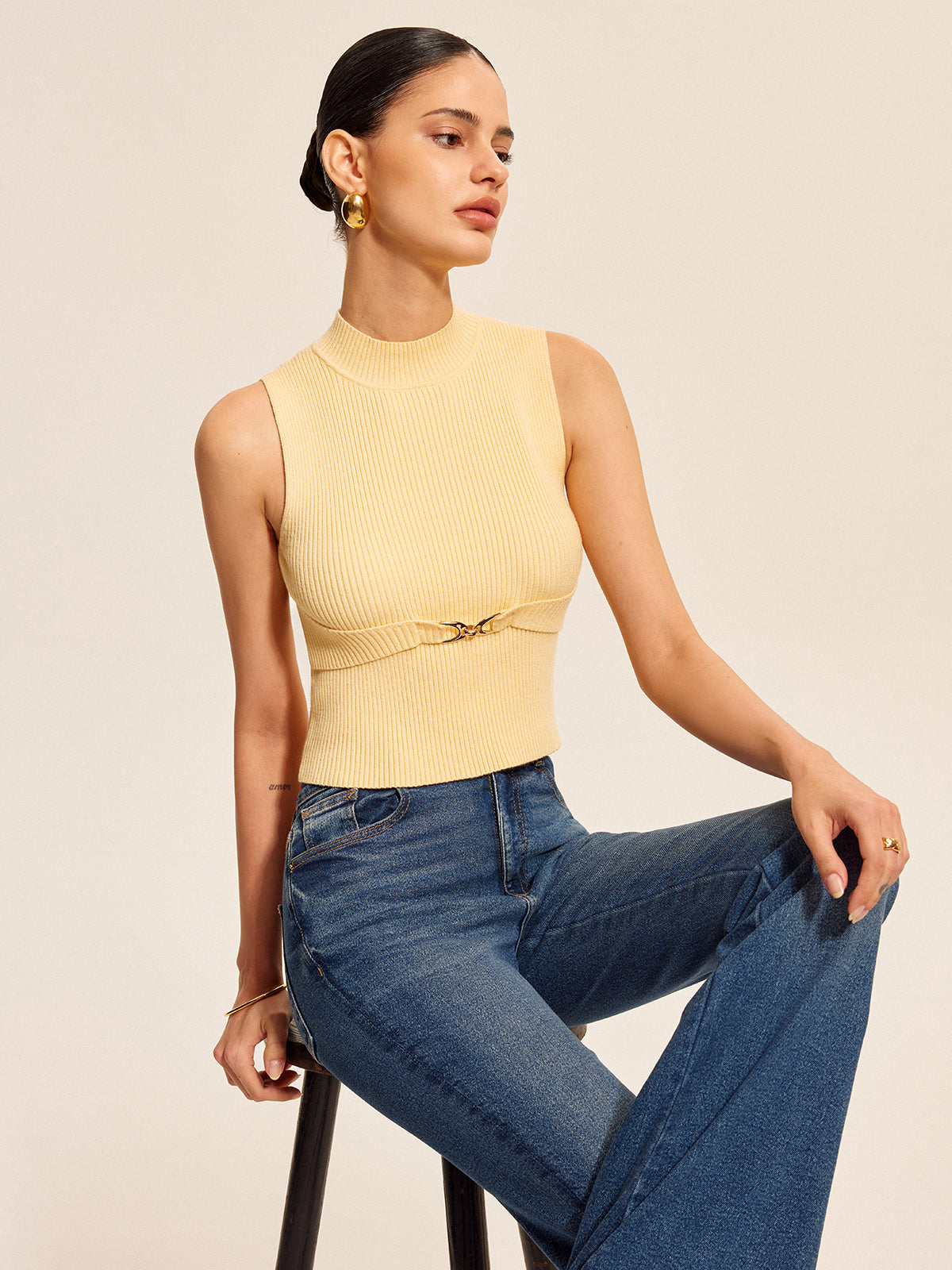 Ribbed Mock-Neck Top with Waist Chain Detail, Trendy Women's Fashion Essentials