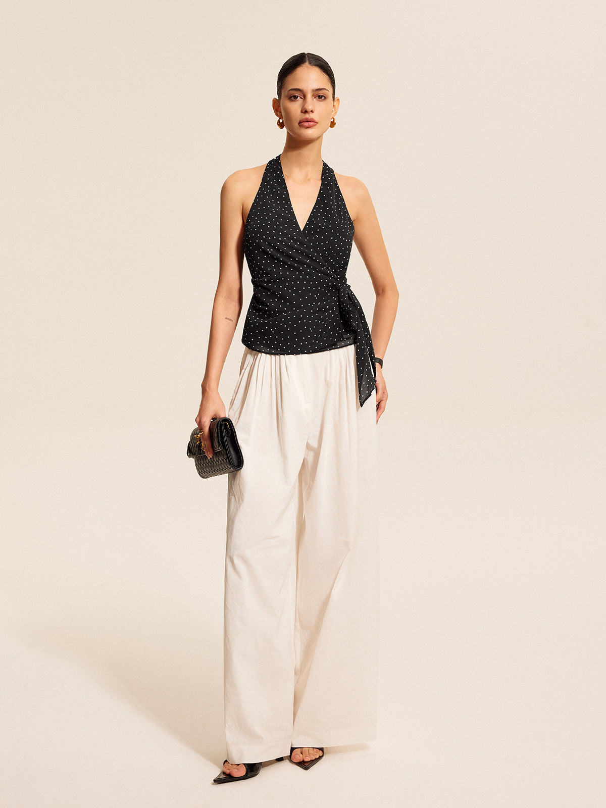 Polka Dot Wrap Tie Halter Top with Backless Design for Women