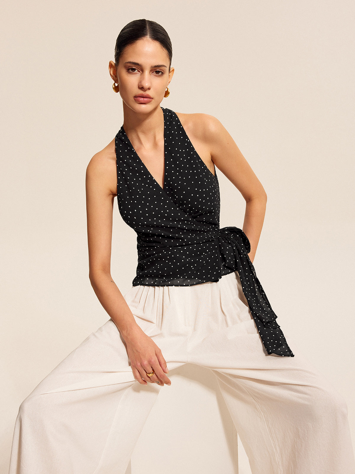 Polka Dot Wrap Tie Halter Top with Backless Design for Women