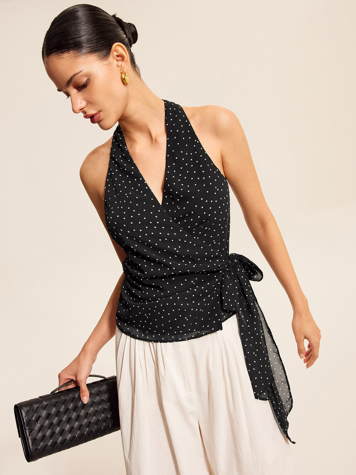 Polka Dot Wrap Tie Halter Top with Backless Design for Women