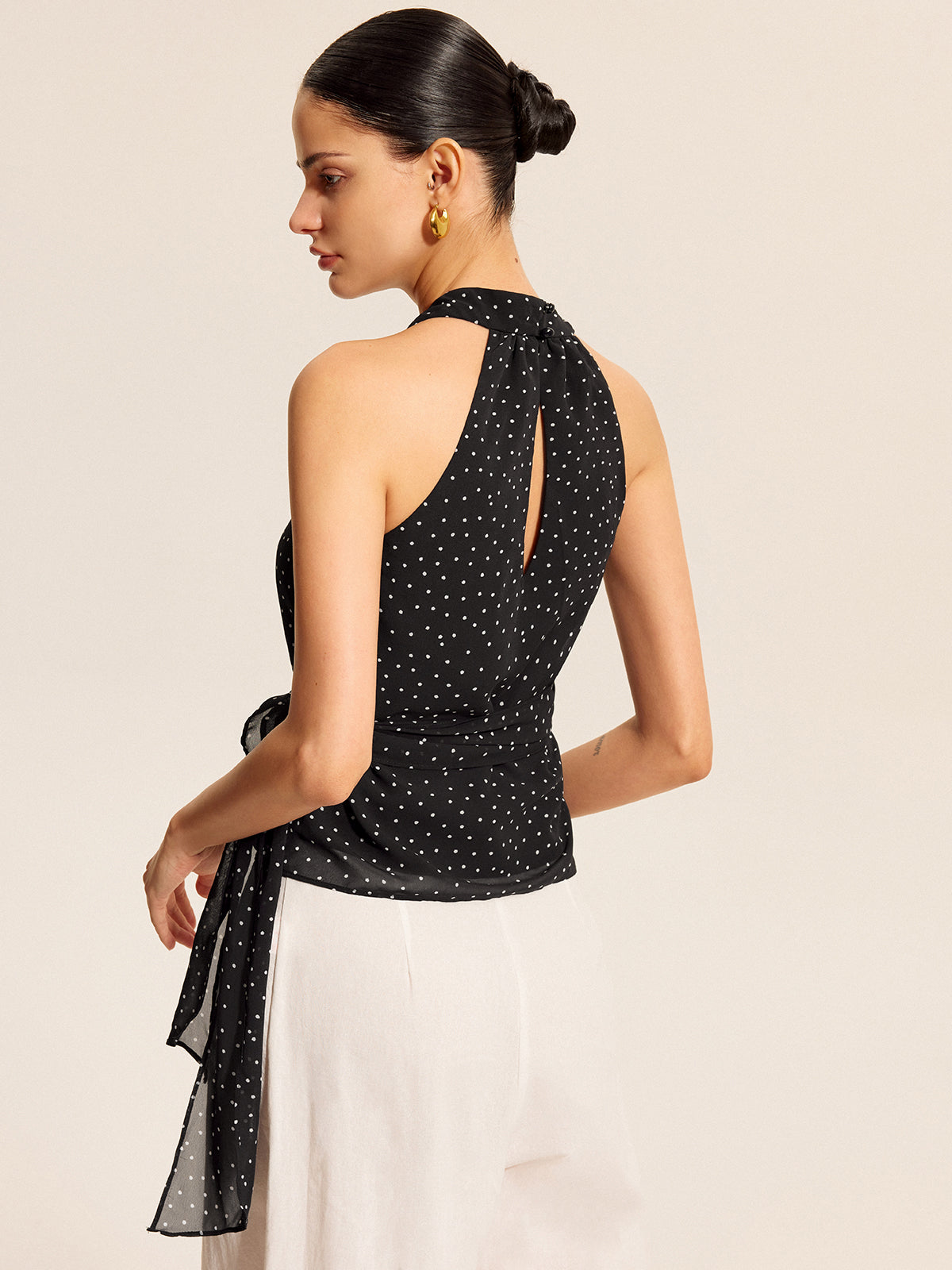 Polka Dot Wrap Tie Halter Top with Backless Design for Women